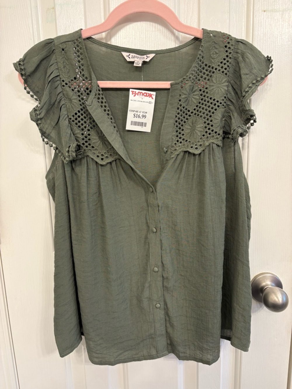 Nanette Lepore Olive Crochet Cap-Sleeve Button Front Blouse